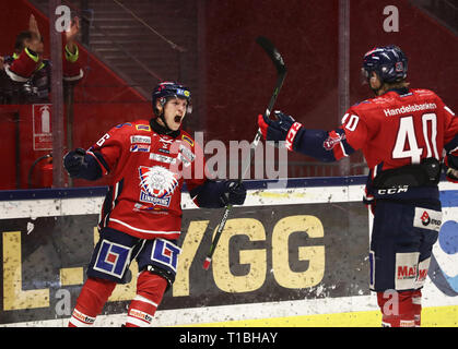 LINKÖPING 20180203 Linköpings nr 46 Mathis Olimb jublar efter mål unter matchen ich SHL mellan Linköpings HC-HV 71 ich Saab Arena. Foto Jeppe Gustafsson Stockfoto