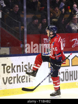 LINKÖPING 20180203 Linköpings nr 46 Mathis Olimb jublar efter mål unter matchen ich SHL mellan Linköpings HC-HV 71 ich Saab Arena. Foto Jeppe Gustafsson Stockfoto