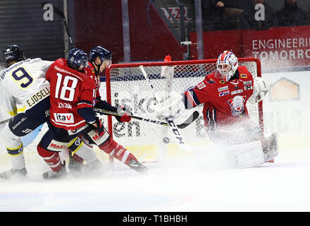 LINKÖPING 20180203 Linköpings målvakt nr30 Jacob Johansson unter matchen ich SHL mellan Linköpings HC-HV 71 ich Saab Arena. Foto Jeppe Gustafsson Stockfoto