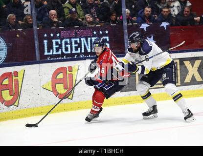 LINKÖPING 20180203 Linköpings nr 46 Mathis Olimb unter matchen ich SHL mellan Linköpings HC-HV 71 ich Saab Arena. Foto Jeppe Gustafsson Stockfoto