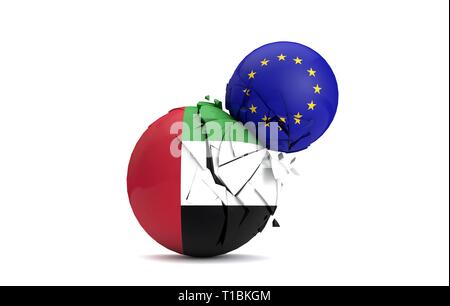 UAE und Europäischen Union politische Kugeln smash zusammen. 3D-Rendering Stockfoto