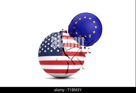 USA und Europäische Union politische Kugeln smash zusammen. 3D-Rendering Stockfoto