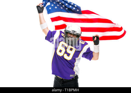 Fußball-Spieler in Uniform wehende amerikanische Flagge Stockfoto