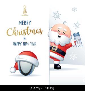 Frohe Weihnachten und guten Rutsch ins neue Jahr. Sport Grußkarte. Cute Santa Claus mit Rugby Ball und Ticket. Vector Illustration. Stock Vektor