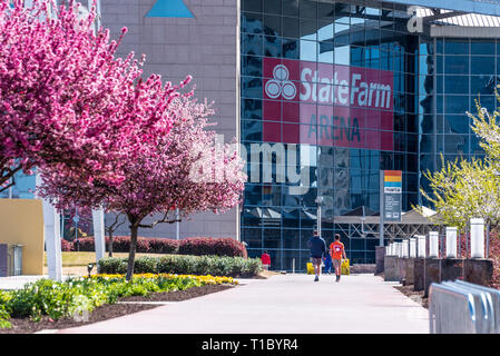 Die Farben des Frühlings in Atlanta auf Anzeige entlang der Gehweg zwischen der Mercedes-Benz-Stadion und dem State Farm Arena in der Innenstadt von Atlanta, Georgia. Stockfoto