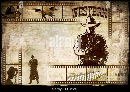 Hintergrund Illustrationen Plakat mit symbolischen Details und Zeichen des Wilden Westens. Sheriff Silhouette, alten Filmstreifen und Attribute der westlichen Stockfoto