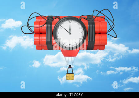3D-Rendering einer Dynamit Bundle mit einer Zeitbombe und mit ein wenig Heißluftballon-Gondel, die in den blauen Himmel. Stockfoto