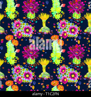 Mit roten und gelben Blumen, bunte Steine, nahtlose Muster in leuchtenden Neonfarben Kaktus, Handgemalten Aquarell Abbildung, Dunkelblau Stockfoto