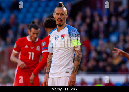 Marek Hamsik der Slowakei in Aktion gegen Wales. Wales v Slowakei UEFA Euro 2020 Qualifier in Cardiff City Stadium. Stockfoto