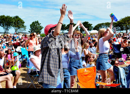 Musikfans, die bei Musikfestivals in England jubeln und mitsingen Stockfoto