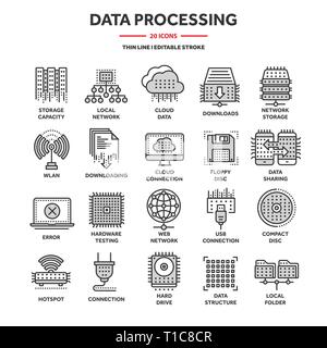 Cloud Computing. Internet Technologie. Online Services. Datenverarbeitung, Information Security. Verbindung. Thin line Web Icon Set. Umrisse Symbole Stock Vektor