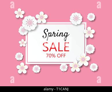 Kreative Vektor-illustration Frühling Verkauf banner Hintergrund Papier schneiden Stil. Pflaume Blume oder Kirschblüte mit weißen Quadrat. Einladungskarte, Vorlage Stock Vektor