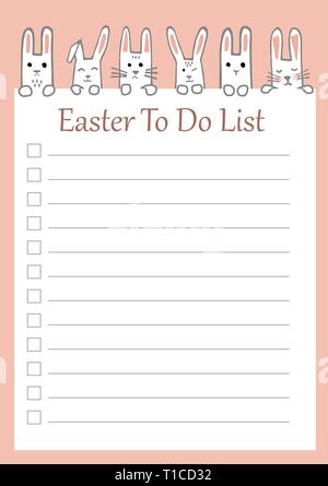 Vektor Ostern Liste mit lustigen Hasen spielen. Druckbare Feder Checkliste. Für Ostern Designs, Grußkarten, Einladungen, Geschenke decorationю Stock Vektor