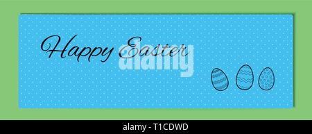 Blau Ostern horizontale Banner weißer Punkt. Frohe Ostern. Einfach niedlich Abbildung: schwarze Linien drei Eier mit einem Muster. Vektor für Verkauf, Blog, Stock Vektor