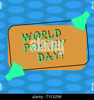 Wort schreiben Text Welttags der Poesie. Business Foto präsentiert Weltweite Literatur Feier lesen Bücher Zeit zwei Megafon mit Sound Symbol auf Bla Stockfoto