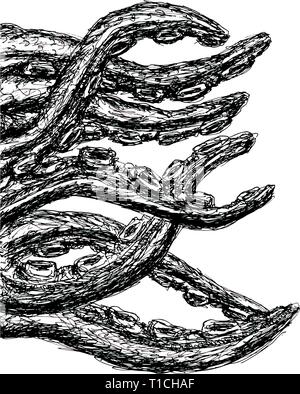 Hand gezeichnet Stift Tinte Monster Octopus Tentakeln Zeichnung Stock Vektor