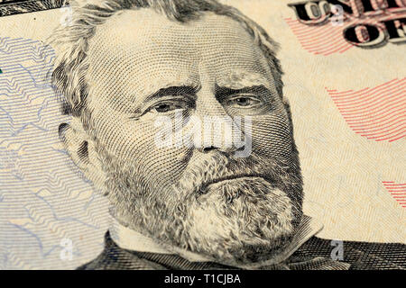 Präsident Grant Portrait auf 50 (50) US-Dollar Bill. Makro Nahaufnahme. Stockfoto