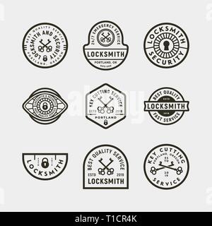 Satz von Vintage schlosser Logos. im Retrostil Key cutting service Embleme. Vector Illustration Stock Vektor