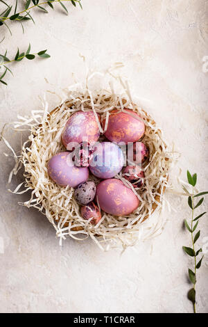 Mehrfarbig lackiert Wachteln und Huhn Eier im Nest mit Zweig der grünen Blatt. Der Hintergrund für die Osterferien. Konzept der Ostern Hintergrund. Fre Stockfoto