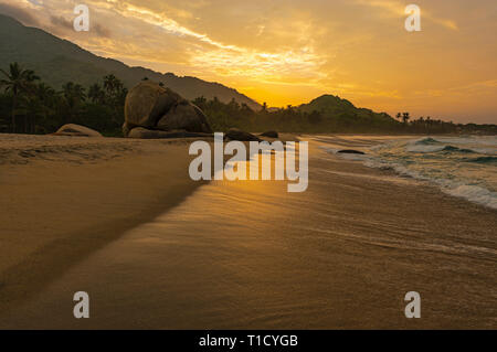 Einen zurückweichenden Wave bei Sonnenuntergang entlang einer Karibischen Meer Strand innen Tayrona Nationalpark mit dem tropischen Regenwald im Hintergrund, Kolumbien. Stockfoto