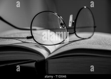 Wien/Österreich/März 23, 2019: Schwarz und Weiß Nahaufnahme von Gläsern auf einem offenen Buch Stockfoto