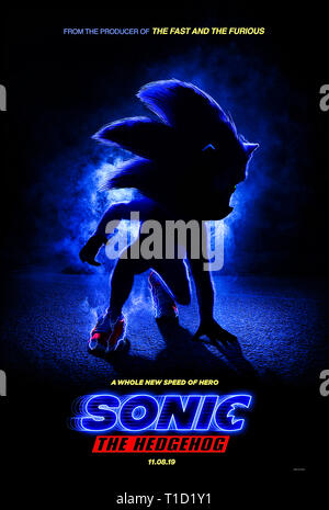 Sonic the Hedgehog (2019) unter der Regie von Jeff Fowler und Jim Carrey, James Marsden und Neal McDonough. Großer Bildschirm Outing für Sega's geliebte video spiel Zeichen. Stockfoto