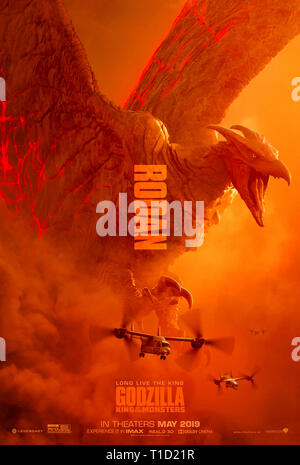 Godzilla: König der Monster (2019) unter der Regie von Michael Dougherty und Hauptdarsteller Millie Bobby Brown, Vera Farmiga und Charles Dance. Godzilla nimmt auf Rodan und andere KAIJU. Stockfoto