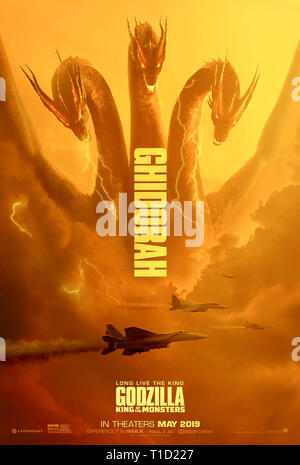 Godzilla: König der Monster (2019) unter der Regie von Michael Dougherty und Hauptdarsteller Millie Bobby Brown, Vera Farmiga und Charles Dance. Godzilla nimmt auf Ghidoran und andere KAIJU. Stockfoto