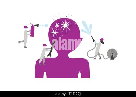 Gehirn Krankheit, psychische Störung flachbild Abbildung. Kleine Mechaniker, Feuerwehrmänner Heilmittel Kopfschmerzen. Painkiller Metapher. Kopf Silhouette mit Zahnräder und Funken. Neurologie Krankheit Poster, Banner Design Stock Vektor