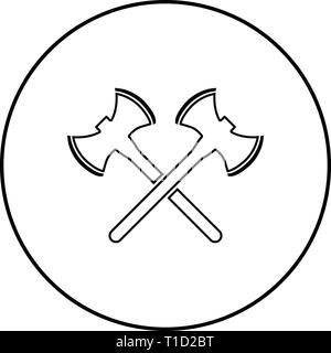 Zwei Doppel - Wikinger Achsen Symbol outline Schwarz Vektor im Kreis runde Abbildung: Flat Style einfach Bild konfrontiert Stock Vektor