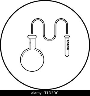 Öl Destillierkolben für chemische Reagenzien mit Reagenzglas mit einem dünnen Schlauch chemische Reaktion Konzept Symbol outline Schwarz Vektor im Kreis Stock Vektor