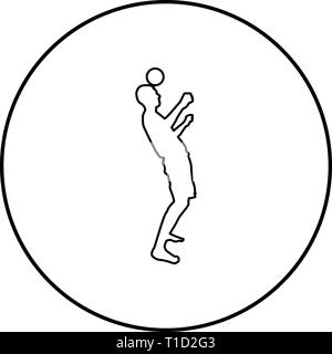 Mann kickt den Ball auf den Kopf. Fußball-Spieler tippt den Ball mit dem Kopf Fußball Konzept Jonglage Trick mit Kugel Symbol outline Schwarz Vektor im Kreis Stock Vektor