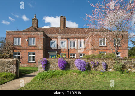 Die historische Hill Farm house Gebäude im Dorf Thursley, Surrey, UK, auf einem sonnigen Frühlingstag mit rosa Blüten Baum und lila Blumen aubretia Stockfoto