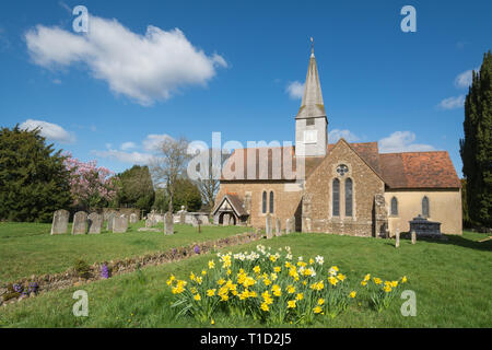 St Michael und alle Engel Pfarrkirche im Dorf Thursley, Surrey, UK, auf einem sonnigen März Tag, mit Frühlingsblumen Narzissen Stockfoto