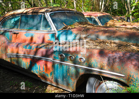 Weiß, GA/USA - Oktober 27, 2018 - Close-up Bild eines alten Schrott Auto in einem Junk Yard Stockfoto