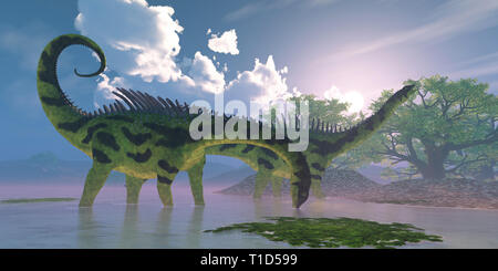 Agustinia Dinosaurier in einem Feuchtgebiet wade Sumpf voller Banyan Bäume während der Kreidezeit. Stockfoto