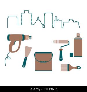 Vector Illustration mit Stadtbild und die Werkzeuge für die Vorbereitung, die Färbung der Oberflächen. Gebäude, den Bau und die Reparatur Tools. Malerei und rep Stock Vektor