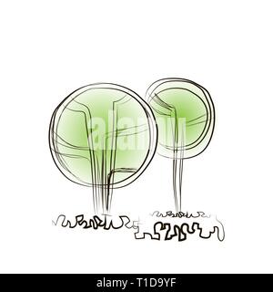 Hand gezeichnet. Architektonisches Design Stil. Zwei abstrakte Bäume für die Dekoration von Hintergrundbildern. Konzept für Überschriften, Bilder, Websites, Banner, Co Stock Vektor