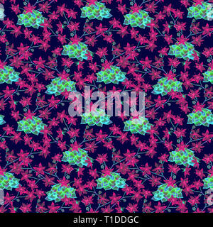 Grüne saftige Pflanzen mit rosa Blüten, nahtlose Muster, handbemalte watercolor Illustration, dunkelblauen Hintergrund Stockfoto