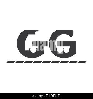 Abbildung: Symbol Buchstabe g Lkw und Pfeil negative Raumzeiger isolierte schwarze Symbol Stockfoto