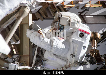 Expedition 59 NASA-Astronaut Anne McClain arbeitet auf die Stromversorgung während eines spacewalk außerhalb der internationalen Raumstation März 22, 2019 im Erdorbit. Astronauten McClain und Haag 6-Stunden- und 39-Minuten außerhalb der Raumstation power Speicherkapazität der orbital Komplex zu aktualisieren. Stockfoto