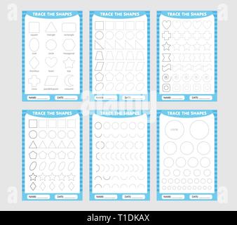 Lernen für Kinder, Zeichnung Aufgaben. set Blau der geometrischen Formen um die Kontur nachzeichnen. Stock Vektor