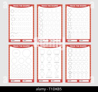 Lernen für Kinder, Zeichnung Aufgaben. set Rot der geometrischen Formen um die Kontur nachzeichnen. Stock Vektor