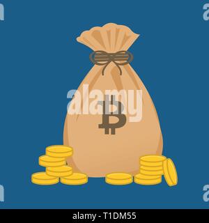 Beutel mit Geld auf Stapel von Goldmünzen Stock Vektor
