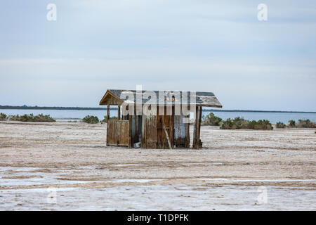 Eine verlassene Toilette am Scheibenberg Strand Boot Rampe auf der Salton Sea Kalifornien USA das Meer ist jetzt eine ökologische Katastrophe bezeichnet. Stockfoto