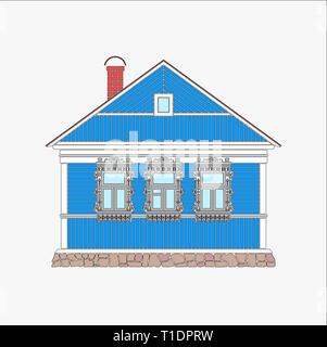 Russische traditionelle Holz- Haus. Die Fenster sind mit Holz geschnitzte Frames gestaltet. Vector Illustration. Farbe Silhouette. Stock Vektor