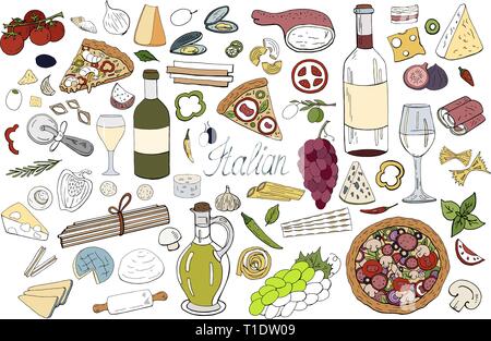 Satz von Hand italienisches Essen Elemente gezeichnet isoliert Stock Vektor
