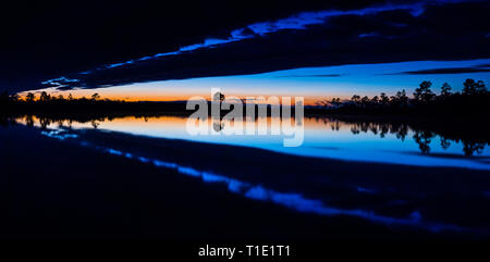 Extrem breite Post - Sonnenuntergang Panorama einer vollkommen still Reflexion in Pine Lichtungen See in den Everglades National Park. Stockfoto