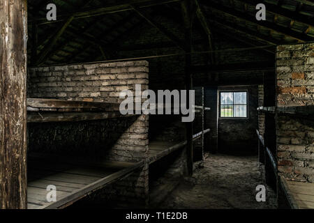 Schlafräume mit Etagenbetten aus Holz mit Gefangenen schrecklichen Lebensbedingungen an der NS-Konzentrationslager Birkenau in Oswiecim, Polen, ein Stockfoto