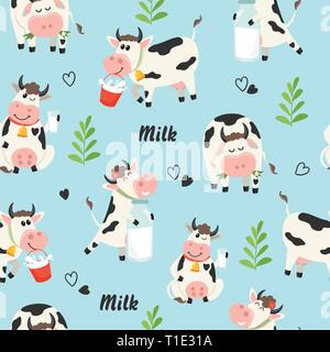 Nahtlose Muster mit Bauernhof Kühe und Milch Flasche Stock Vektor